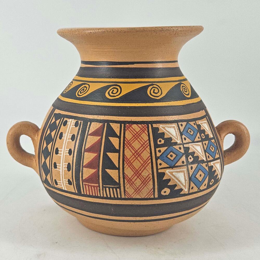 Vintage clay hand painted Geometric pattern Pottery Folk art vase Peru
